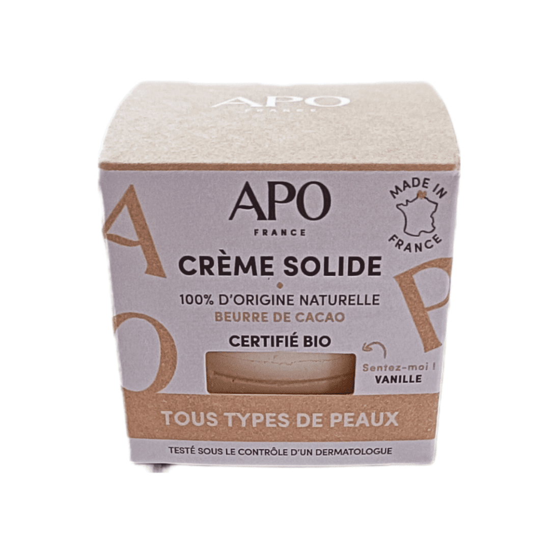 Soin naturel bio. Crème solide, APO France. Origine naturelle, tous types de peaux.